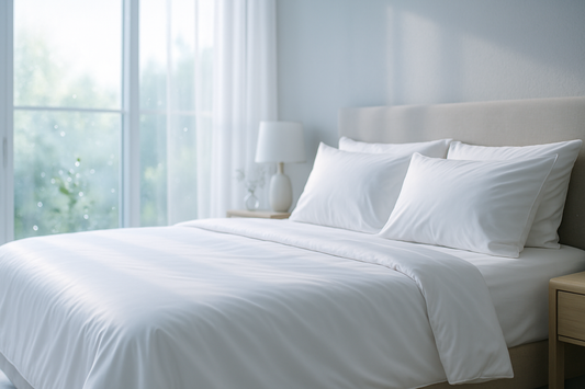 Luxurious white bamboo sheets on modern bed showing cooling properties for hot sleepers