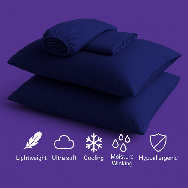 A luxurious set of premium navy blue bedding displayed on a rich purple background. The image features two plush pillows stacked together with a fitted sheet and flat sheet arranged on top. Below the bedding are five white icons highlighting key product features: "Lightweight" (feather icon), "Ultra soft" (cloud icon), "Cooling" (snowflake icon), "Moisture Wicking" (water droplets icon), and "Hypoallergenic" (shield icon).