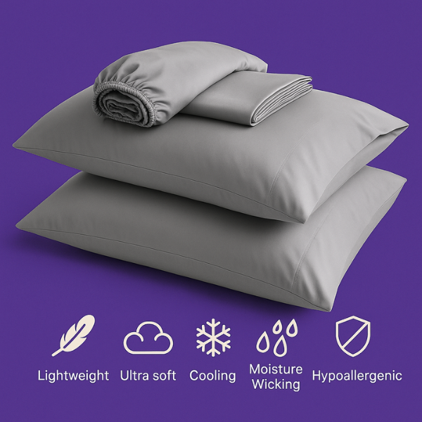 A luxurious set of premium gray bedding displayed on a rich purple background. The image features two plush pillows stacked together with a fitted sheet and flat sheet arranged on top. Below the bedding are five white icons highlighting key product features: "Lightweight" (feather icon), "Ultra soft" (cloud icon), "Cooling" (snowflake icon), "Moisture Wicking" (water droplets icon), and "Hypoallergenic" (shield icon).