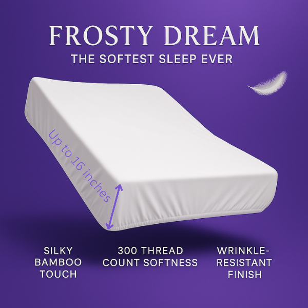 SoftlyMade Frosty Dream fitted sheet with 16-inch deep pocket, featuring 300 thread count silky bamboo fabric and wrinkle-resistant finish. Premium bedding for the softest sleep experience on purple background with floating feather.