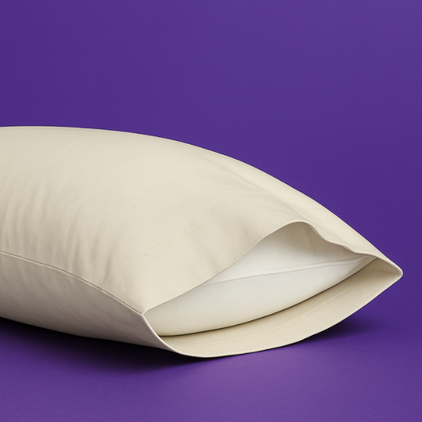 Elegant cream-colored pillowcase with a white pillow partially visible inside, set against a rich purple background. The premium pillowcase features a clean envelope closure design that securely holds the pillow while maintaining a sleek appearance.