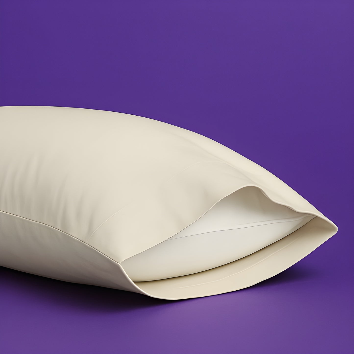 Elegant cream-colored pillowcase with a white pillow partially visible inside, set against a rich purple background. The premium pillowcase features a clean envelope closure design that securely holds the pillow while maintaining a sleek appearance.