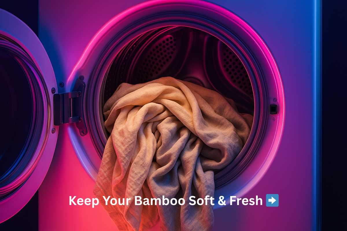 Bamboo bedding sheets in washing machine with neon pink and blue lighting effects and text 'Keep Your Bamboo Soft & Fresh'.