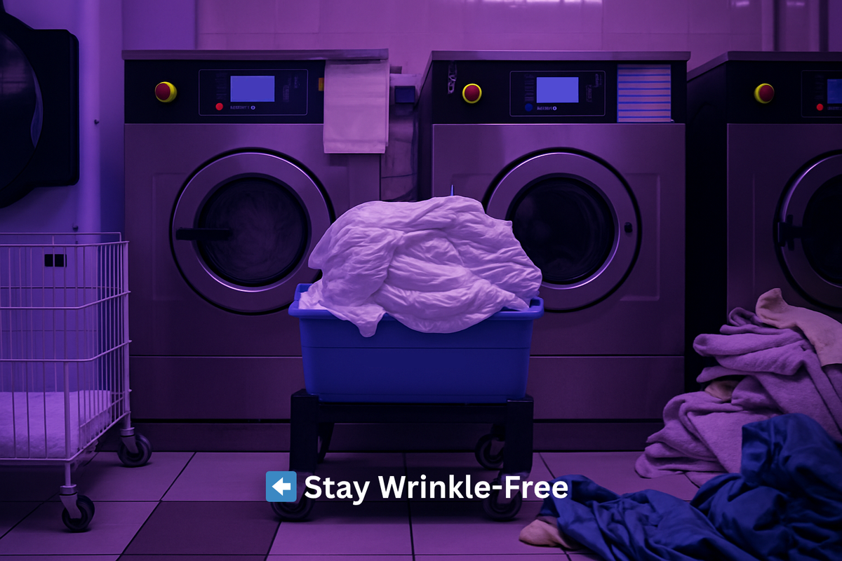 Commercial laundromat with industrial washing machines and bedding in blue laundry basket with text 'Stay Wrinkle-Free'.