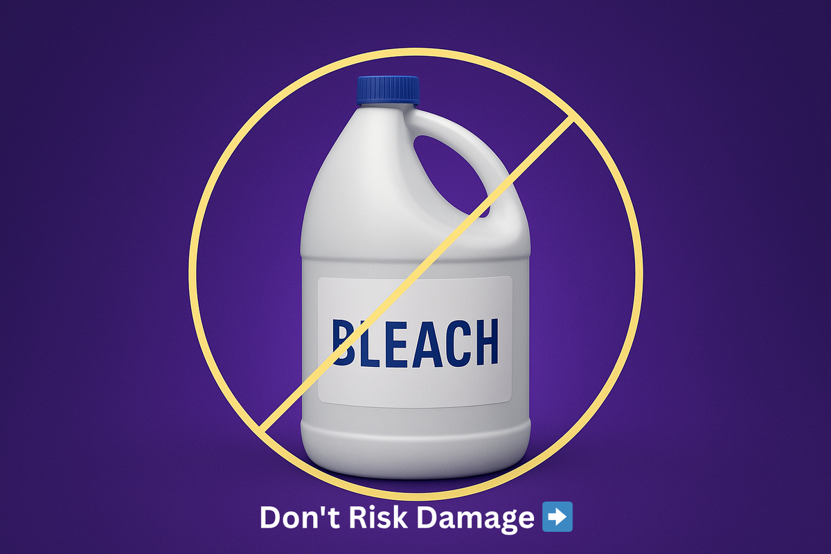No bleach warning symbol with crossed-out bleach bottle and text 'Don't Risk Damage' - bamboo sheet care instructions to avoid fabric damage.