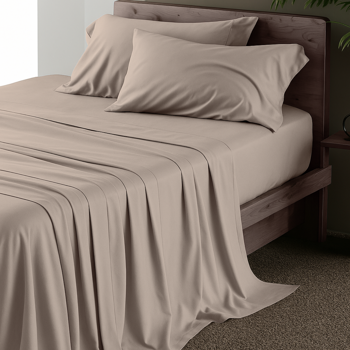 Beige bed sheets and pillows on a wooden bed frame.
