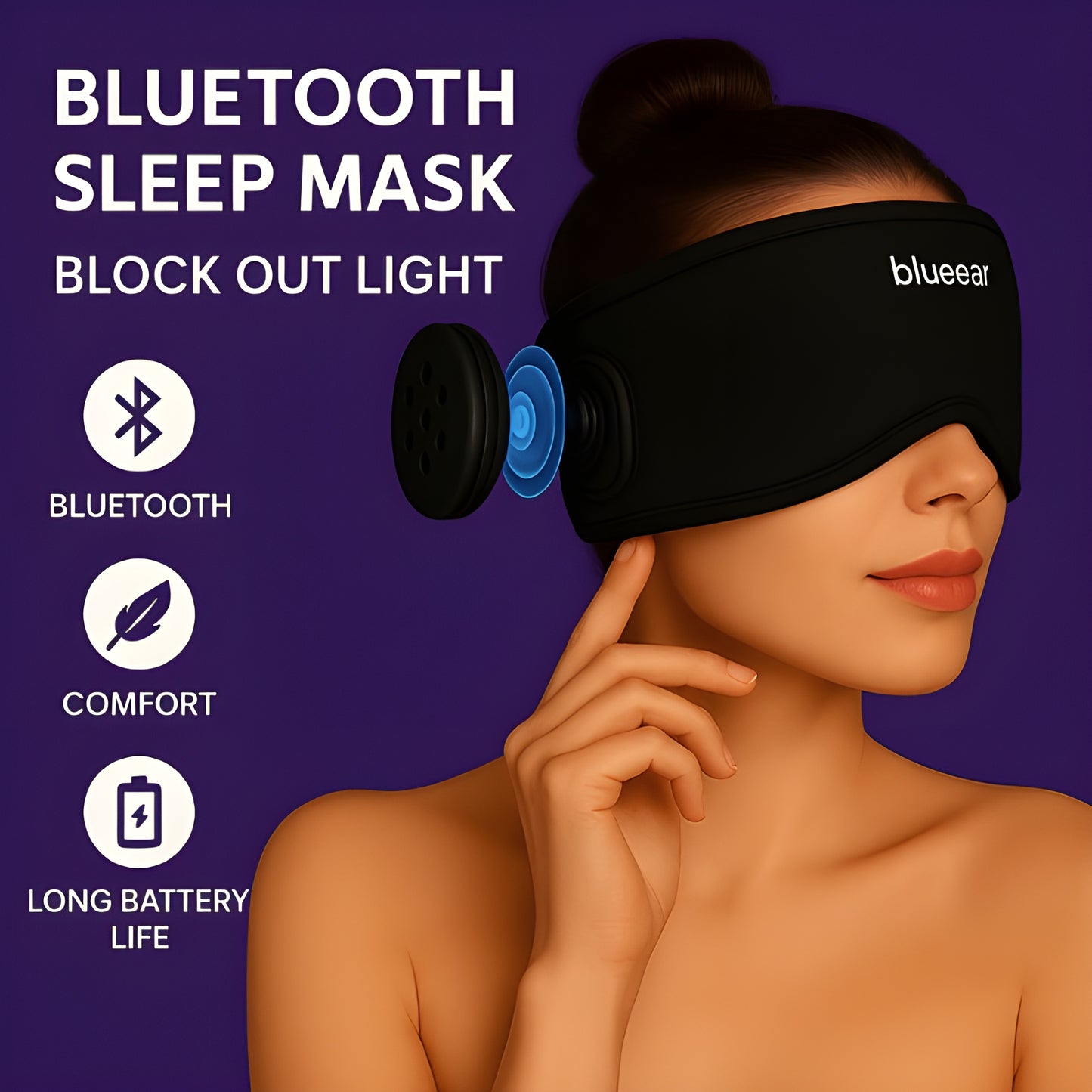 Blueear Bluetooth Sleep Mask with light blocking technology, featuring wireless audio, comfortable design, and long battery life - premium sleep aid shown on purple background with product features highlighted.