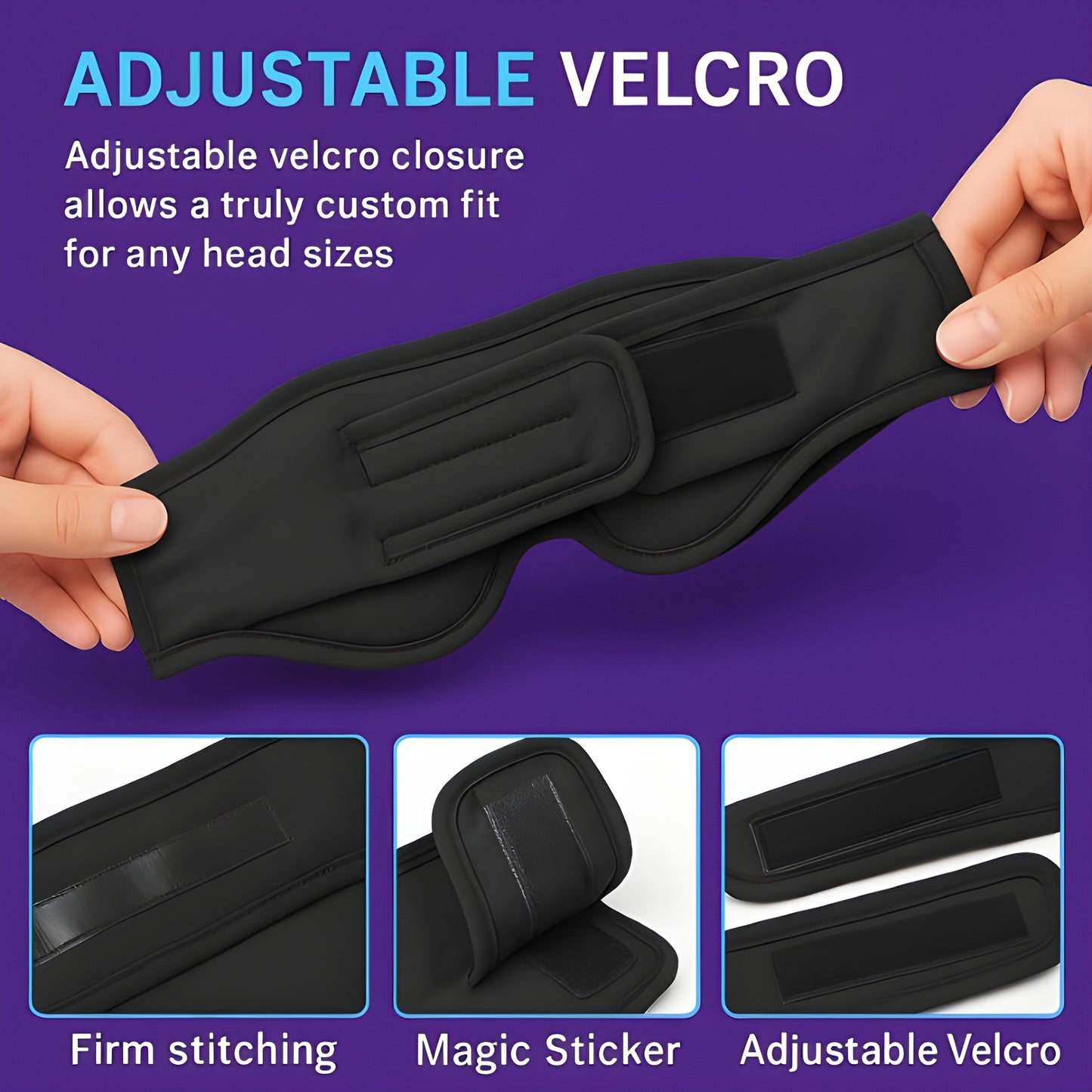 Adjustable Velcro sleep mask with custom fit technology featuring firm stitching, magic sticker, and adjustable closure for all head sizes - premium comfort sleep accessory on purple background.