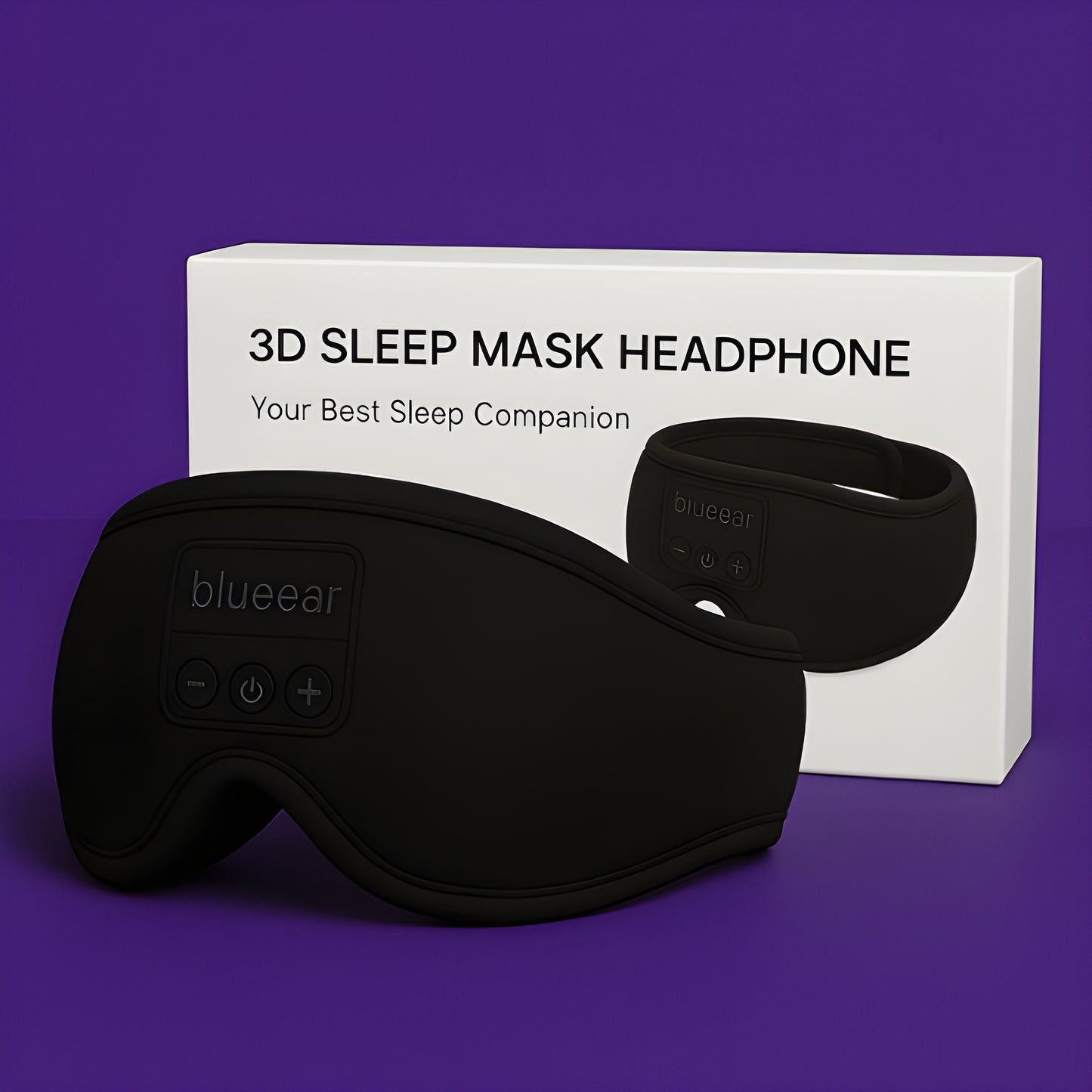 3D Sleep Mask Headphone by blueear on purple background with product packaging, featuring built-in audio technology for comfortable sleep and relaxation.