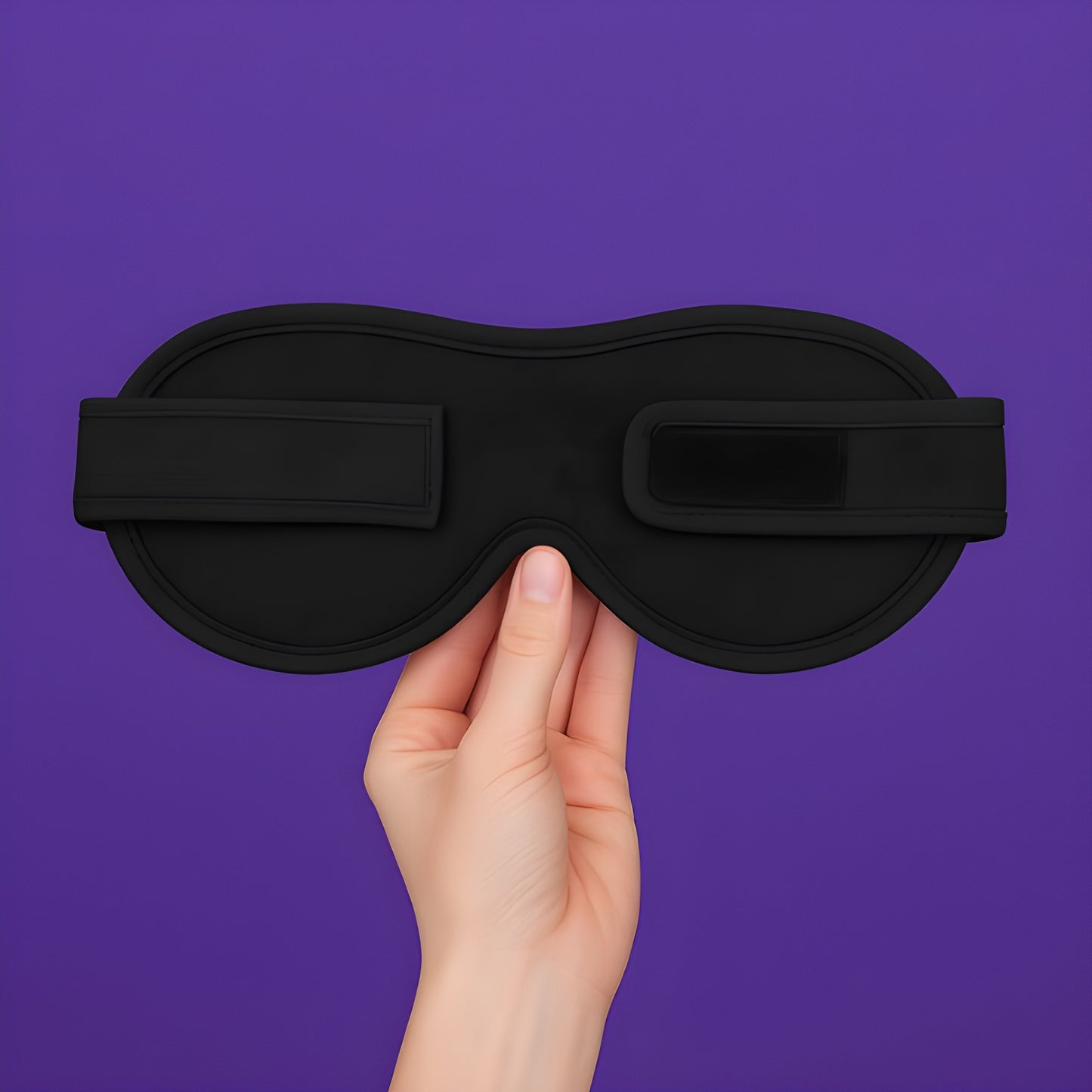 Lightweight black sleep mask with adjustable velcro straps held against purple background, showcasing ergonomic contoured design for complete darkness and comfortable overnight wear.