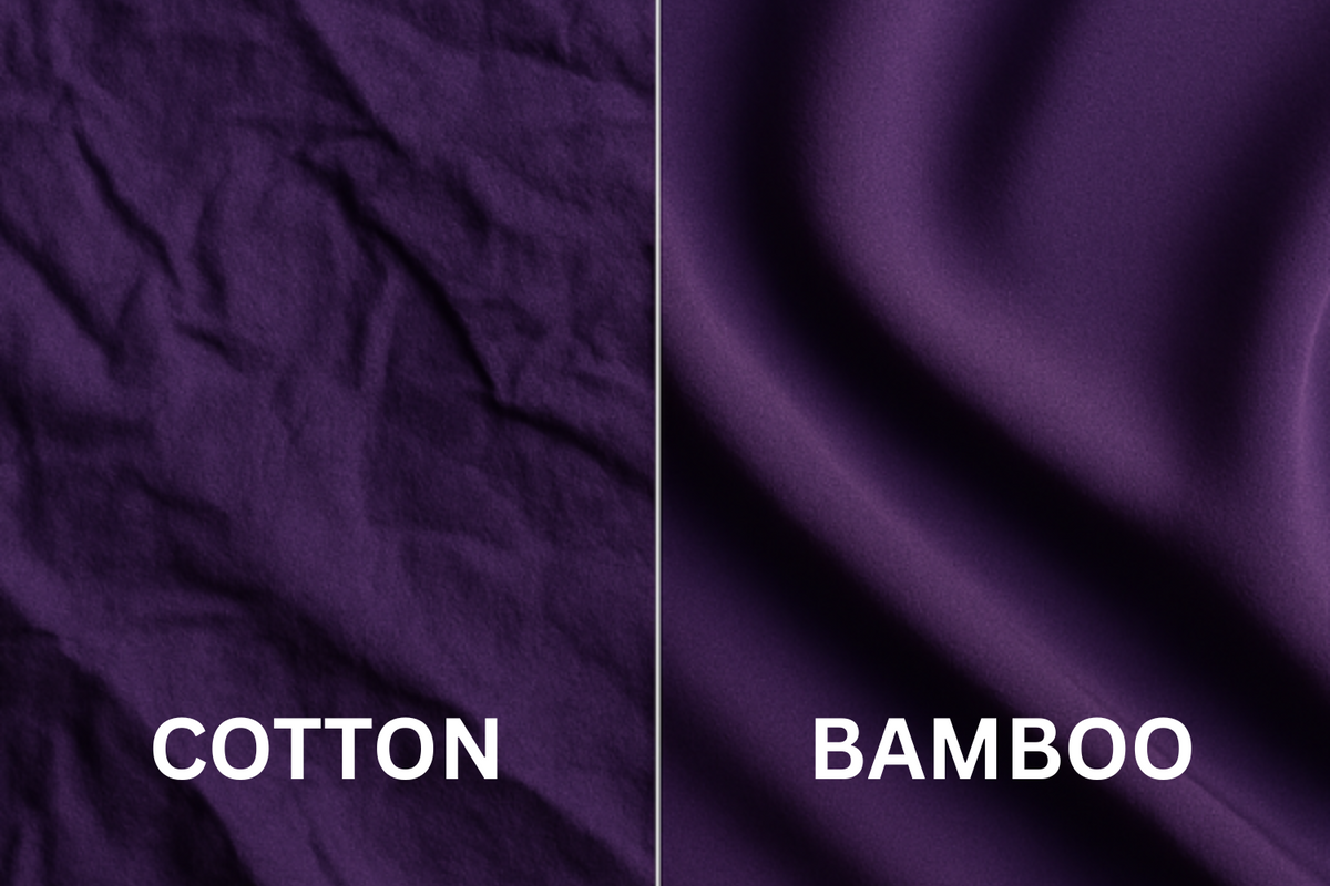 Split image comparing cotton and bamboo fabrics in deep purple color, showing the textural differences between the two materials with cotton displaying a more structured weave pattern on the left and bamboo showing smoother, flowing texture on the right.