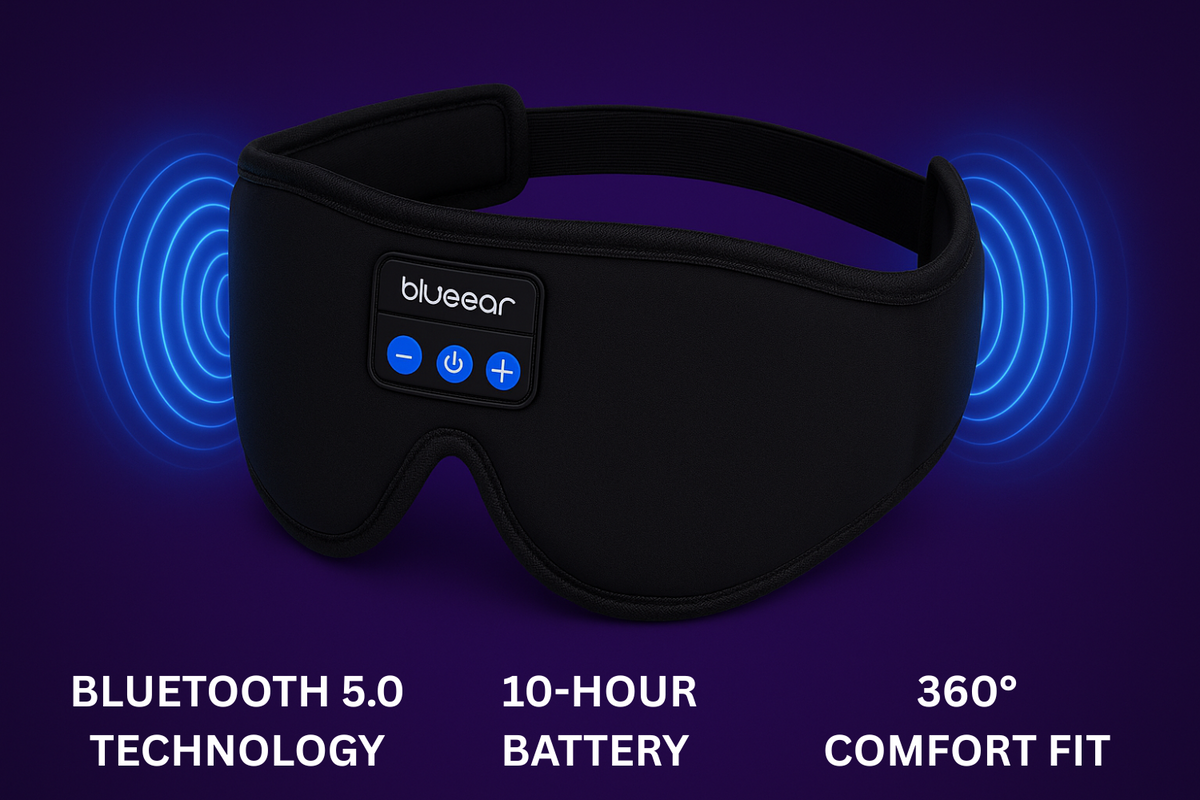 Blueear Bluetooth 5.0 sleep mask with 10-hour battery life and 360° comfort fit on purple background.