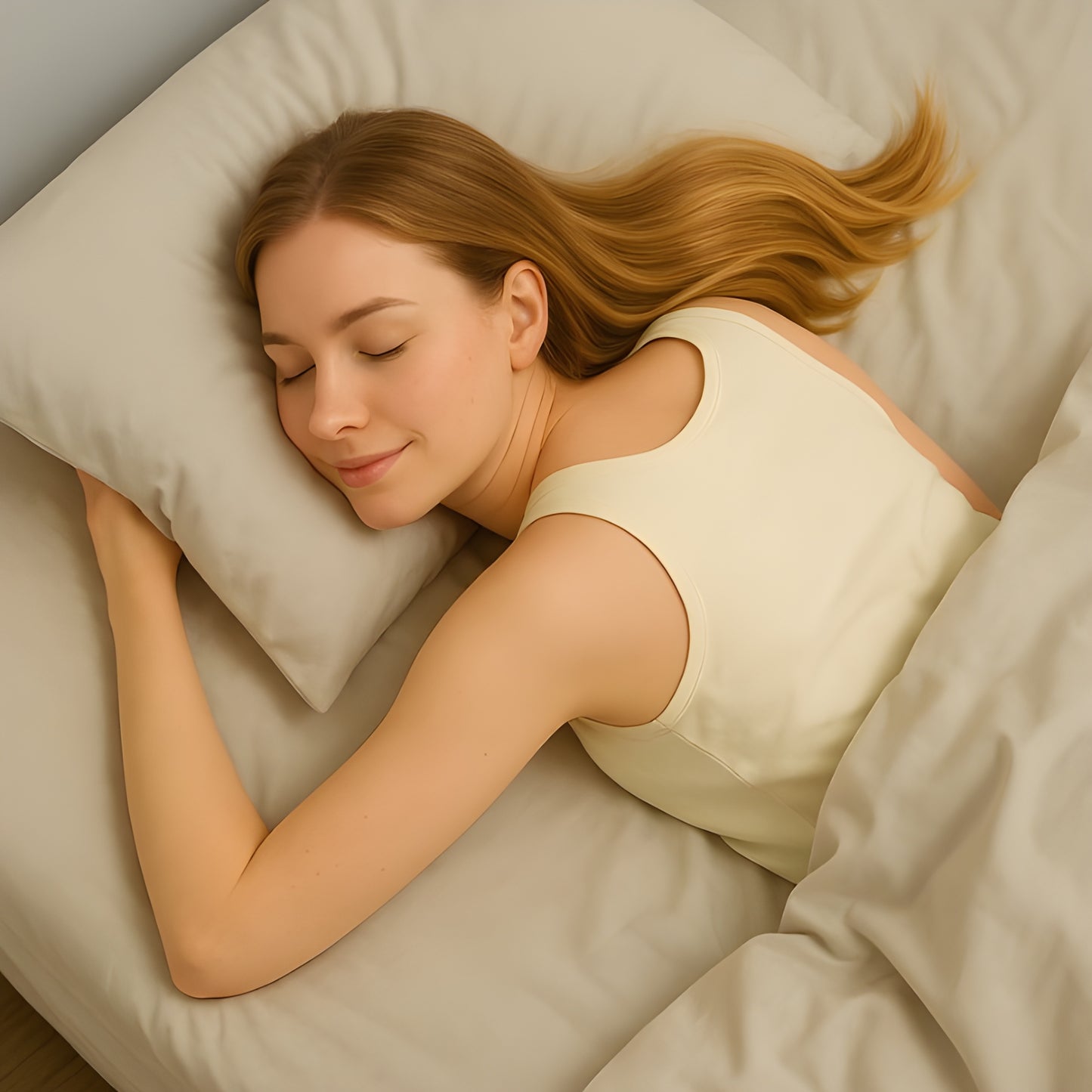 Luxurious cream-colored bedding showcasing premium comfort with a person peacefully sleeping on soft sheets and pillows. The sleeper, wearing a light-colored top, appears comfortable and relaxed against the plush pillow and silky sheets, demonstrating the bedding's comfort benefits.