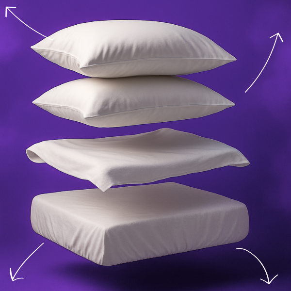 Complete white bedding set displayed in exploded view against a deep purple background, showing pillows, flat sheet, and fitted sheet with directional arrows indicating assembly order for a complete bed set.