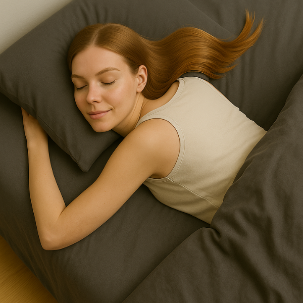 Luxurious dark grey bedding showcasing premium comfort with a person peacefully sleeping on soft sheets and pillows. The sleeper, wearing a light-colored top, appears comfortable and relaxed against the plush pillow and silky sheets, demonstrating the bedding's comfort benefits.