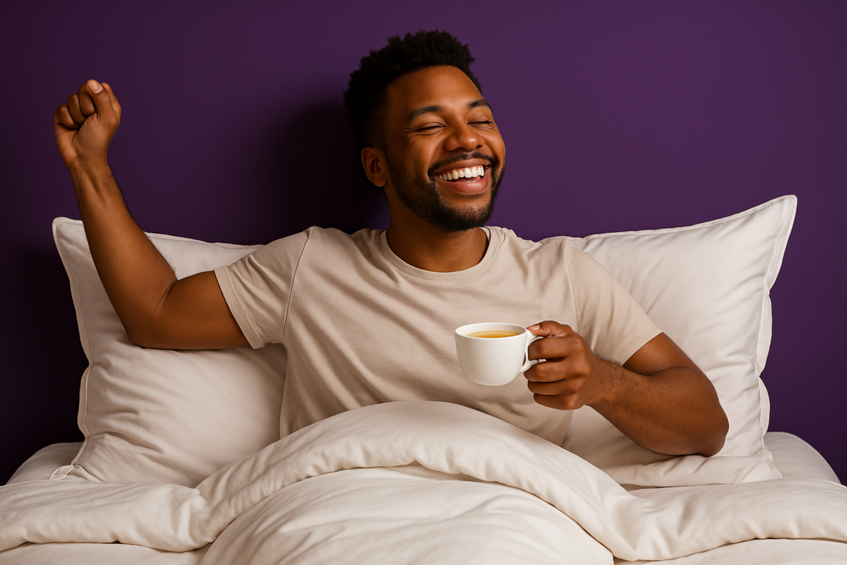 Smiling man enjoying morning coffee in luxury white bed sheets and pillows.