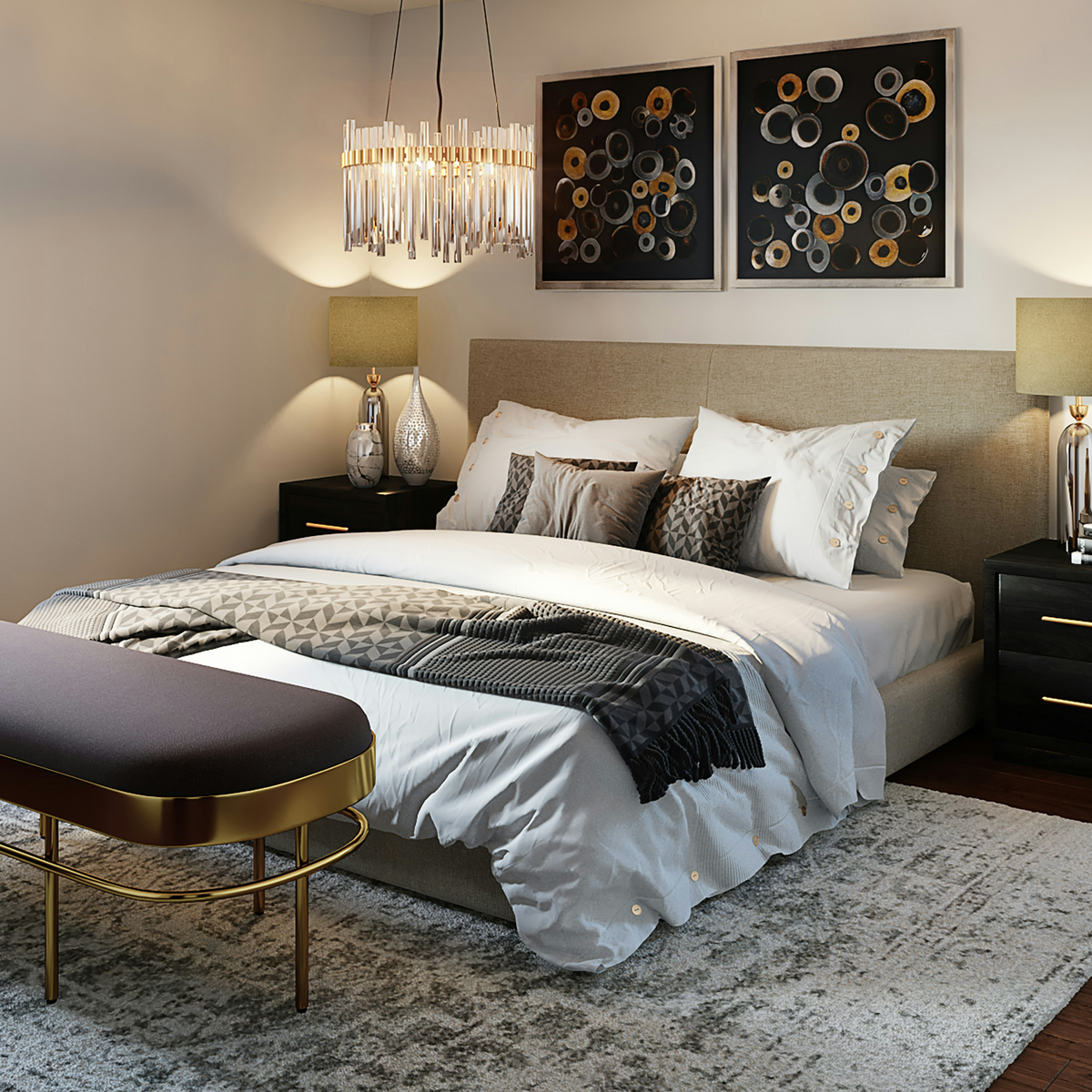 Modern bedroom with a bed, nightstands, and decorative wall art.