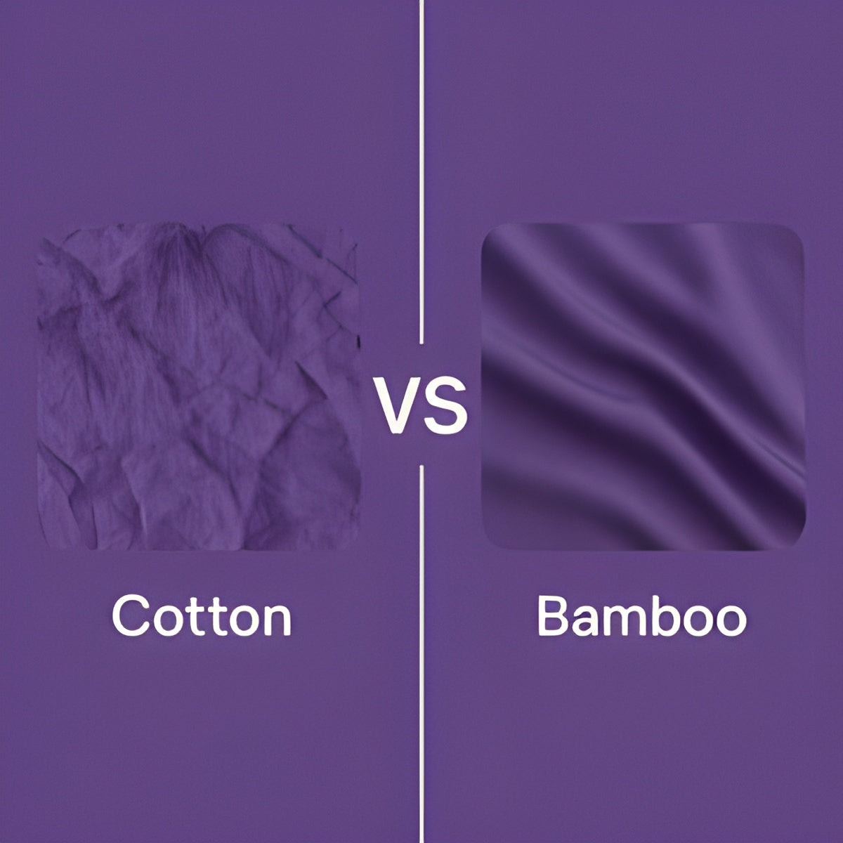 Split-screen comparison image showing cotton fiber texture on the left versus smooth bamboo fabric on the right, with 'Cotton vs Bamboo' text overlay on purple background.