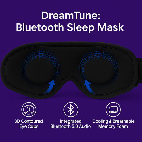 Product image of DreamTune Bluetooth Sleep Mask against a deep purple background, featuring 3D contoured eye cups with blue highlights, with three feature icons below highlighting 3D Contoured Eye Cups, Integrated Bluetooth 5.0 Audio, and Cooling & Breathable Memory Foam.
