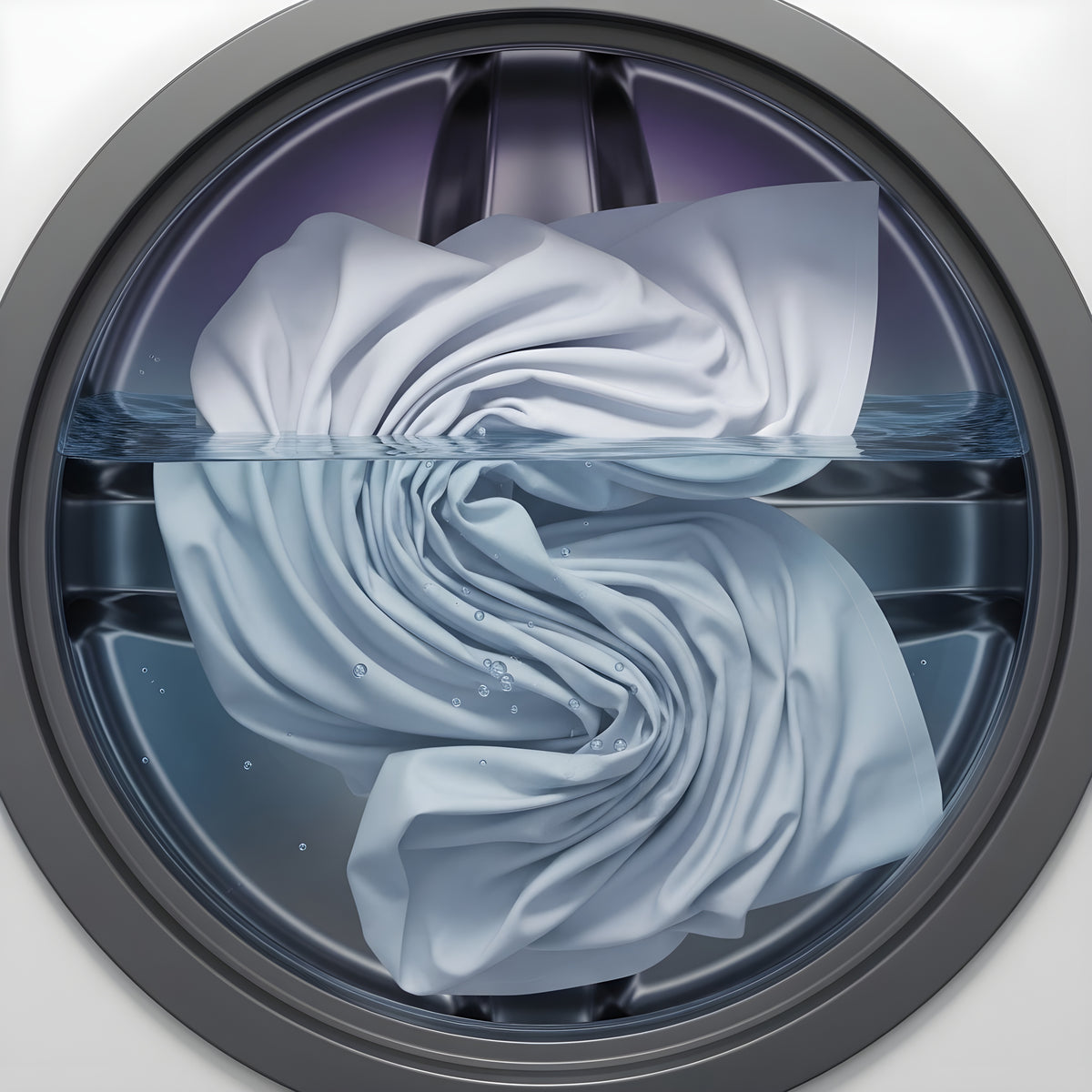 Washing machine drum with silky bed sheets inside submerged in water.