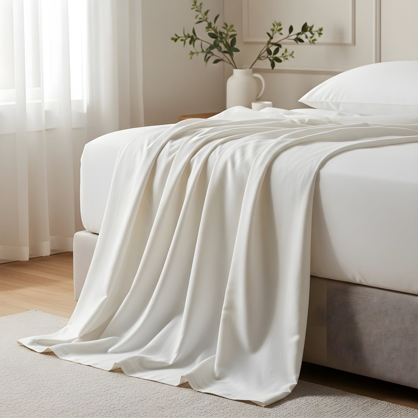 White sheets draped over a bed in a bedroom setting with light curtains and a plant.
