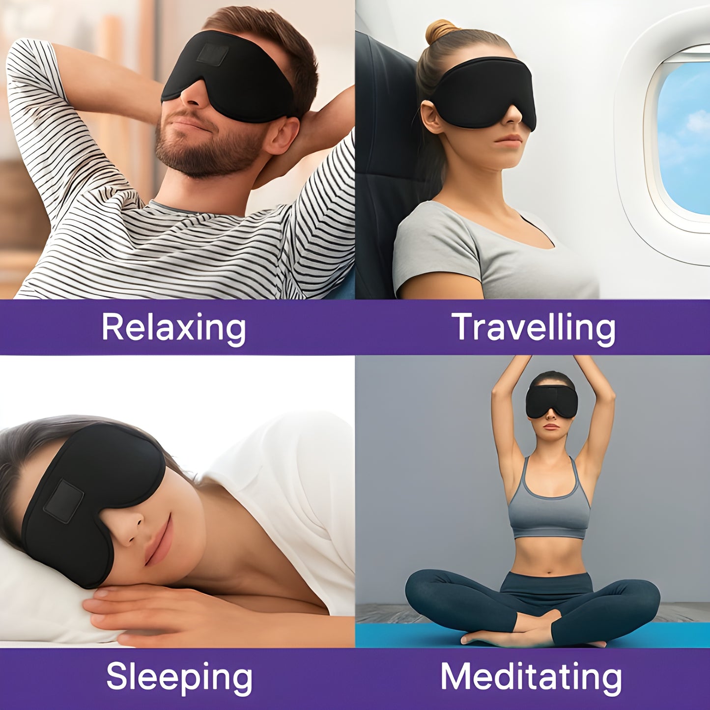 Versatile 3D sleep mask shown in four everyday uses: person relaxing at home, traveler resting on airplane, comfortable sleeping in bed, and during meditation practice - premium blackout eye mask for multiple wellness applications.