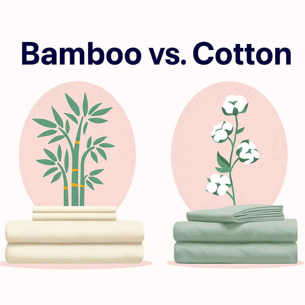 Bamboo vs cotton sheets comparison. Comparison illustration titled 'Bamboo vs. Cotton' showing two stacks of folded textiles.