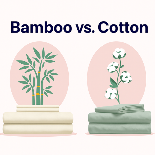 Bamboo vs cotton sheets comparison. Comparison illustration titled 'Bamboo vs. Cotton' showing two stacks of folded textiles.
