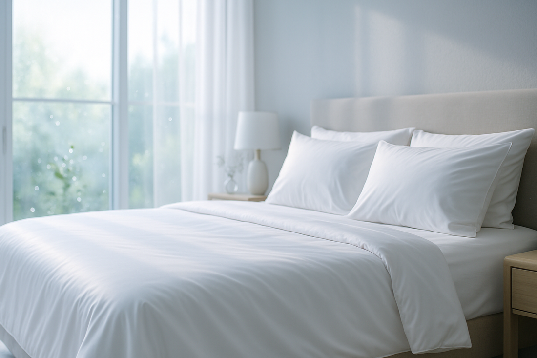Luxurious white bamboo sheets on modern bed showing cooling properties for hot sleepers