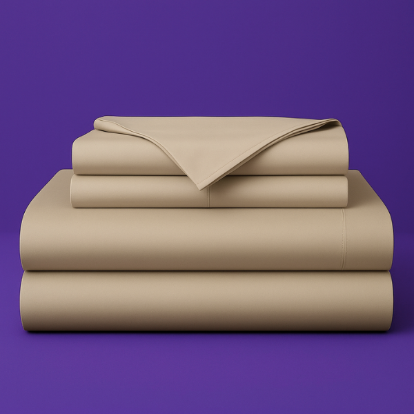 This image shows a neatly folded stack of beige bed sheets on a vibrant purple background. The stack includes what appears to be a fitted sheet, flat sheet, and pillowcases. The sheets have a smooth, crisp appearance suggesting high-quality bedding. The top sheet has a folded corner revealing the edge detail. 