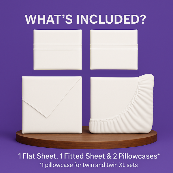 SoftlyMade complete bedding set contents displayed on wooden platform against purple background, which includes 1 flat sheet, 1 fitted sheet with elastic corners, and 2 pillowcases (1 for twin sizes) in premium white organic fabric.