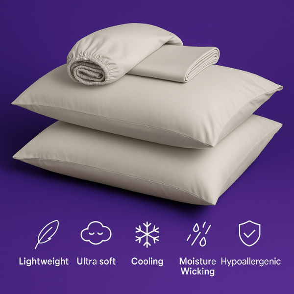 A luxurious set of premium cream-colored bedding displayed on a rich purple background. The image features two plush pillows stacked together with a fitted sheet and flat sheet arranged on top. Below the bedding are five white icons highlighting key product features: "Lightweight" (feather icon), "Ultra soft" (cloud icon), "Cooling" (snowflake icon), "Moisture Wicking" (water droplets icon), and "Hypoallergenic" (shield icon).