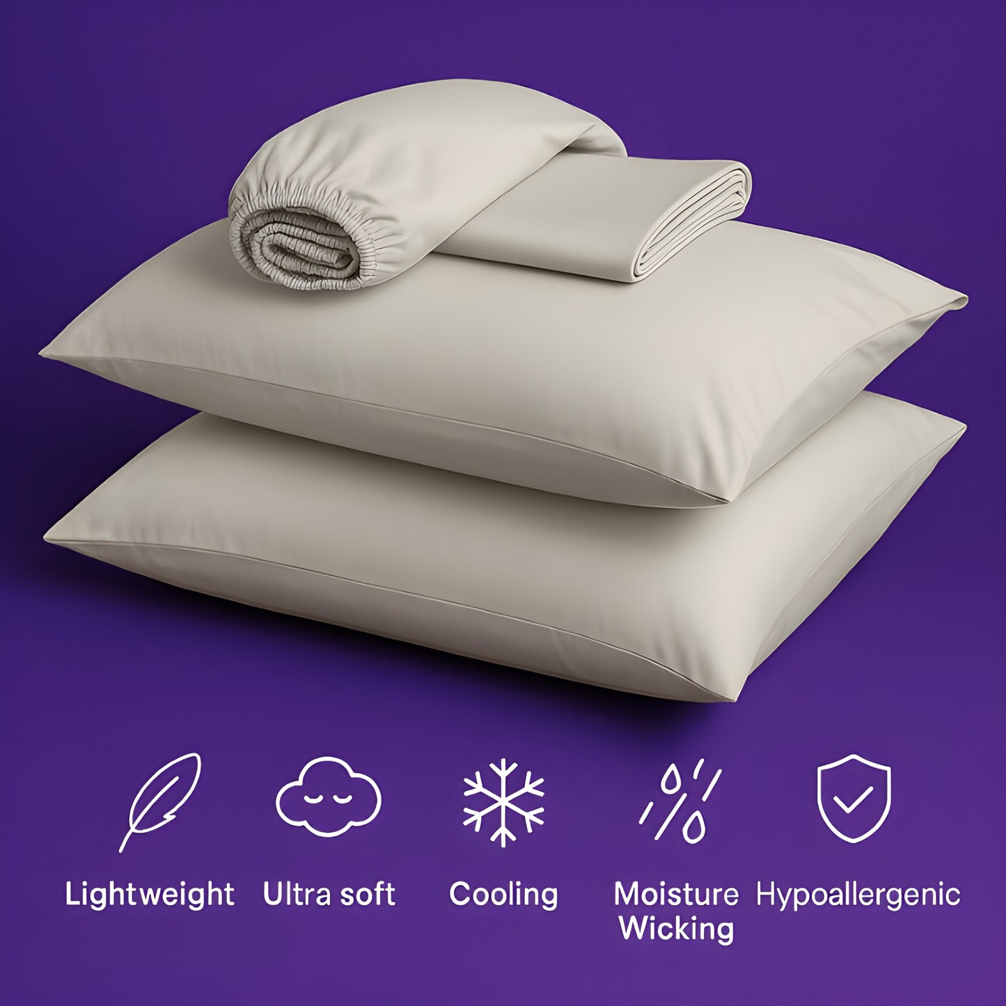 A luxurious set of premium cream-colored bedding displayed on a rich purple background. The image features two plush pillows stacked together with a fitted sheet and flat sheet arranged on top. Below the bedding are five white icons highlighting key product features: "Lightweight" (feather icon), "Ultra soft" (cloud icon), "Cooling" (snowflake icon), "Moisture Wicking" (water droplets icon), and "Hypoallergenic" (shield icon).
