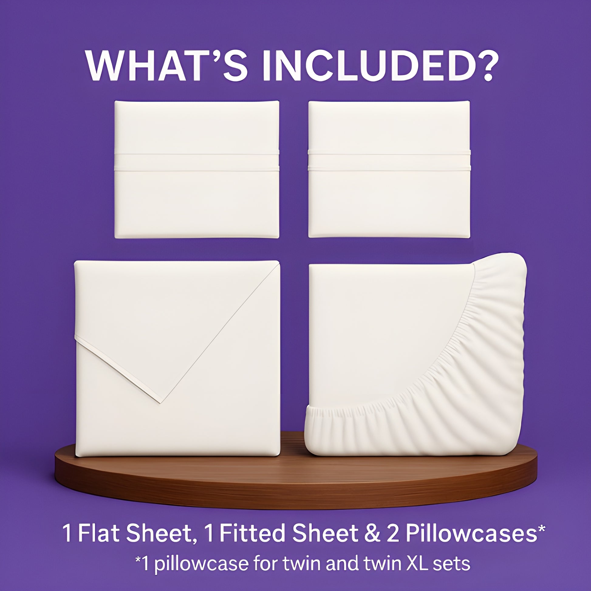SoftlyMade complete bedding set contents displayed on wooden platform against purple background, which includes 1 flat sheet, 1 fitted sheet with elastic corners, and 2 pillowcases (1 for twin sizes) in premium white organic fabric.
