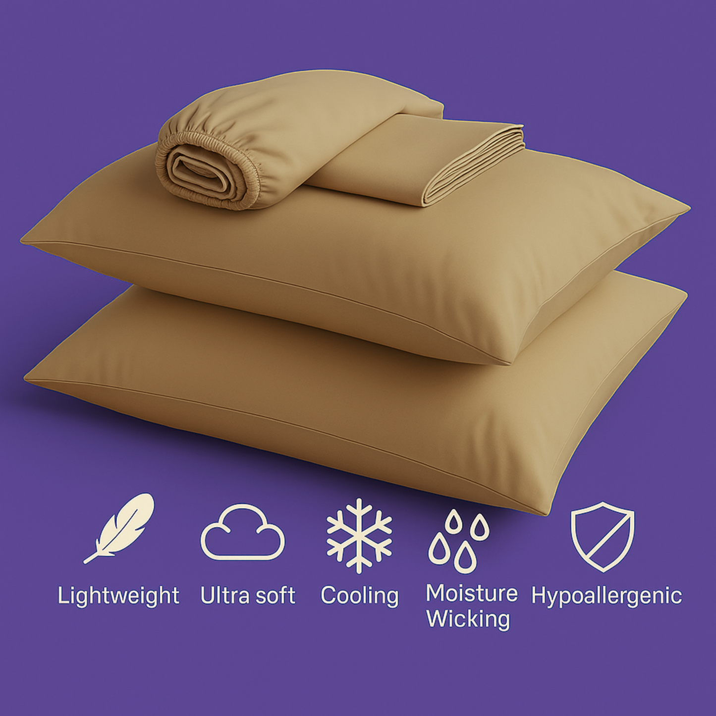 A luxurious set of premium beige bedding displayed on a rich purple background. The image features two plush pillows stacked together with a fitted sheet and flat sheet arranged on top. Below the bedding are five white icons highlighting key product features: "Lightweight" (feather icon), "Ultra soft" (cloud icon), "Cooling" (snowflake icon), "Moisture Wicking" (water droplets icon), and "Hypoallergenic" (shield icon).