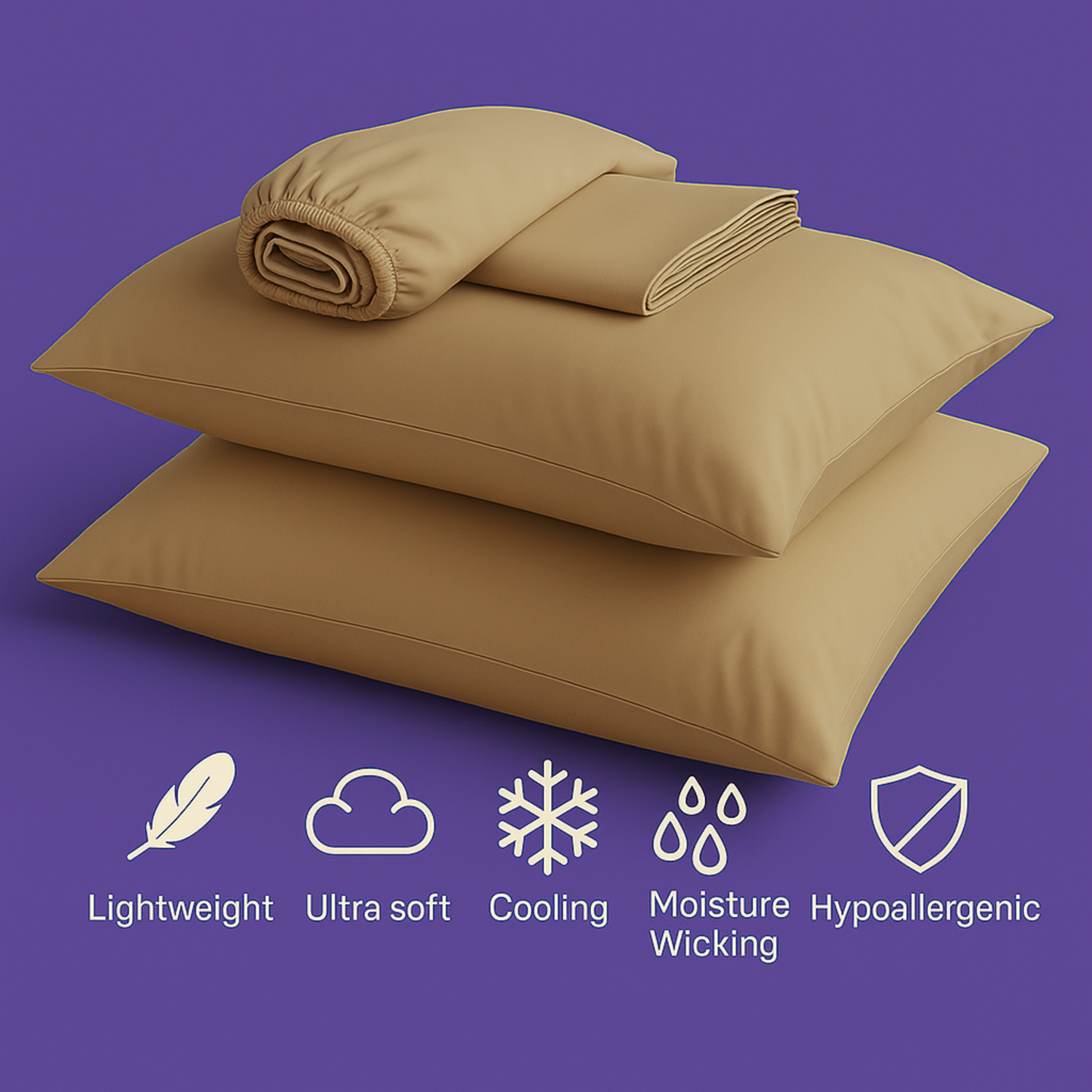 A luxurious set of premium beige bedding displayed on a rich purple background. The image features two plush pillows stacked together with a fitted sheet and flat sheet arranged on top. Below the bedding are five white icons highlighting key product features: "Lightweight" (feather icon), "Ultra soft" (cloud icon), "Cooling" (snowflake icon), "Moisture Wicking" (water droplets icon), and "Hypoallergenic" (shield icon).