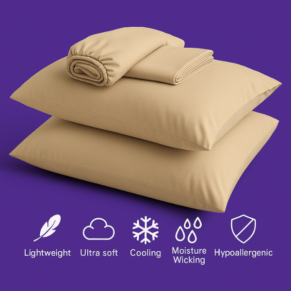 A luxurious set of premium beige bedding displayed on a rich purple background. The image features two plush pillows stacked together with a fitted sheet and flat sheet arranged on top. Below the bedding are five white icons highlighting key product features: "Lightweight" (feather icon), "Ultra soft" (cloud icon), "Cooling" (snowflake icon), "Moisture Wicking" (water droplets icon), and "Hypoallergenic" (shield icon).