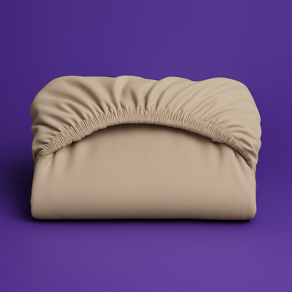 Premium beige fitted sheet with elastic edge displayed on a vibrant purple background. The sheet features a smooth, wrinkle-resistant fabric with deep pockets and secure elastic banding that ensures a perfect fit on mattresses.