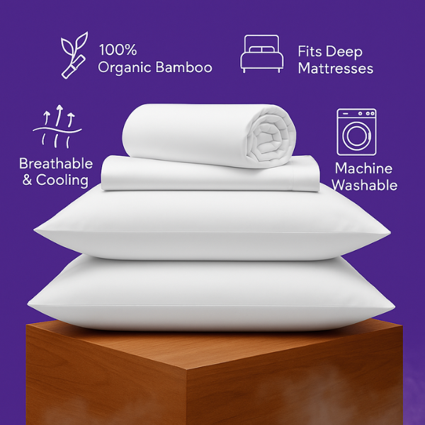 SoftlyMade 100% organic bamboo bedding set with pillows and sheets on wooden platform against purple background, featuring breathable cooling fabric, deep mattress fit, and machine washable convenience.