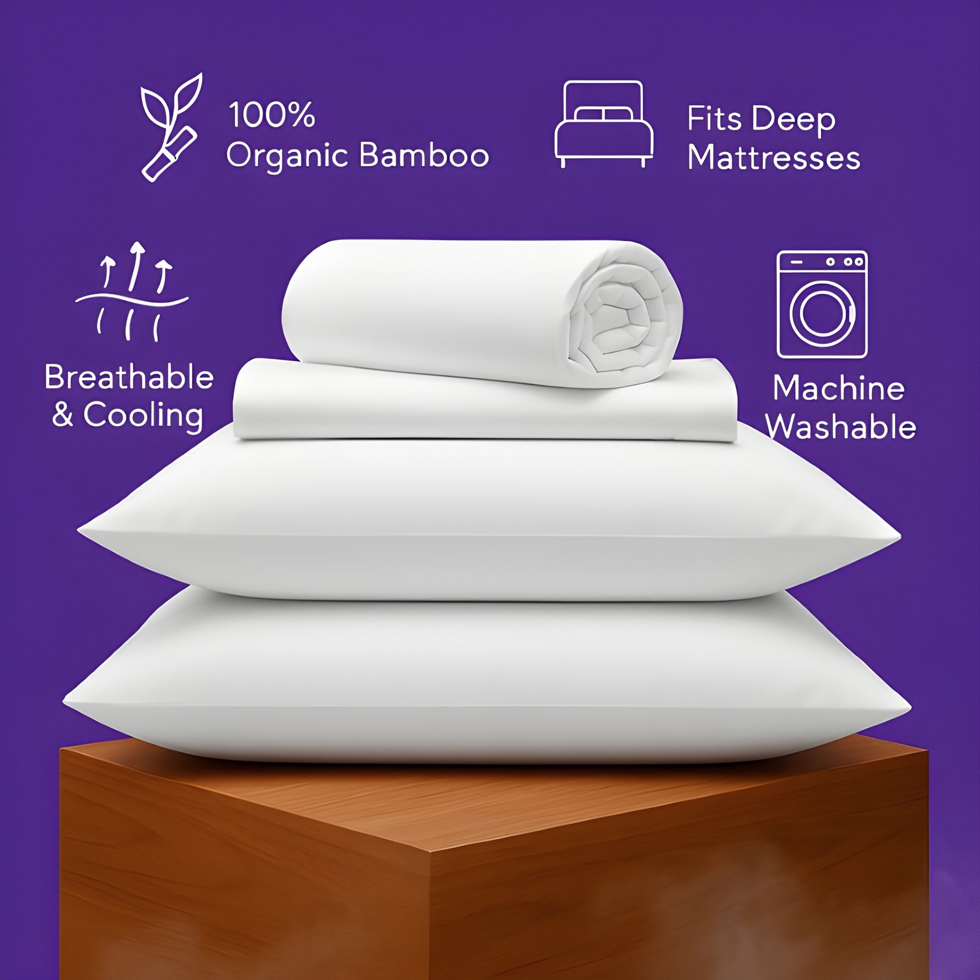 SoftlyMade 100% organic bamboo bedding set with pillows and sheets on wooden platform against purple background, featuring breathable cooling fabric, deep mattress fit, and machine washable convenience.