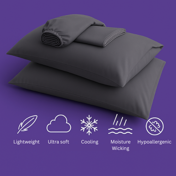 A luxurious set of premium dark gray bedding displayed on a rich purple background. The image features two plush pillows stacked together with a fitted sheet and flat sheet arranged on top. Below the bedding are five white icons highlighting key product features: "Lightweight" (feather icon), "Ultra soft" (cloud icon), "Cooling" (snowflake icon), "Moisture Wicking" (water droplets icon), and "Hypoallergenic" (shield icon).
