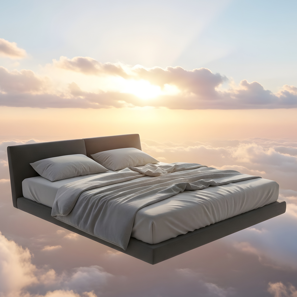 Bed floating above clouds with a sunset sky