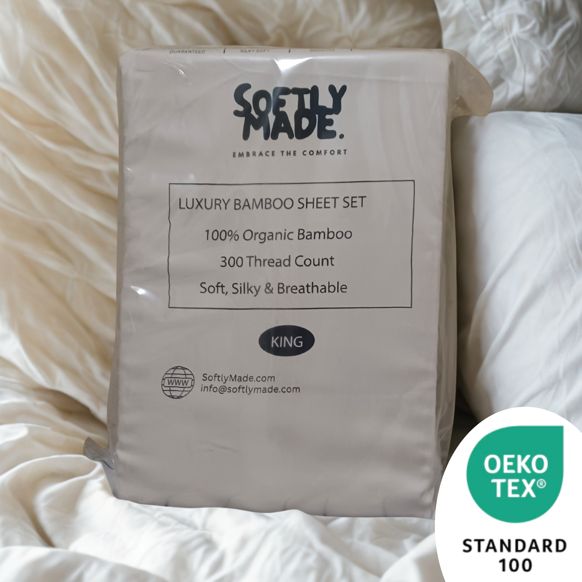 Package of Softly Made luxury bamboo sheet set with OEKO-TEX Standard 100 logo.