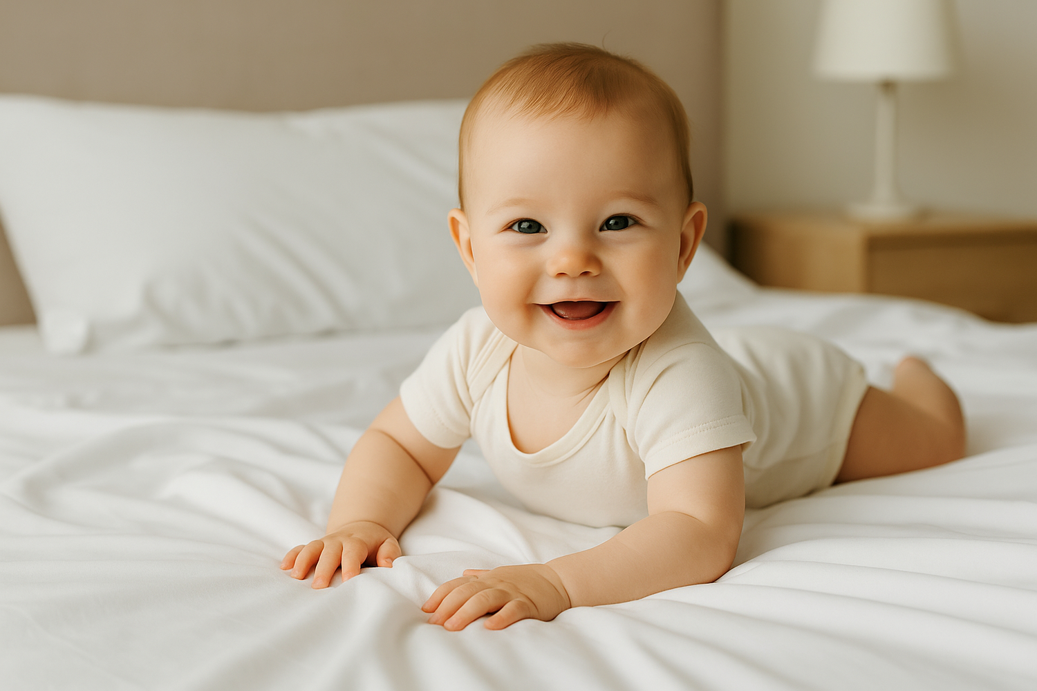 Happy baby in cream onesie lying on soft white SoftlyMade bedding, smiling in bright bedroom setting with natural lighting.
