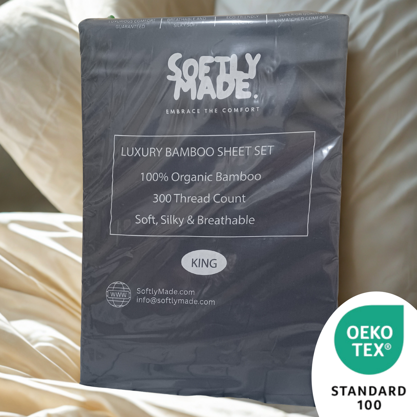 Packaged Softly Made luxury bamboo sheet set with OEKO-TEX Standard 100 logo.