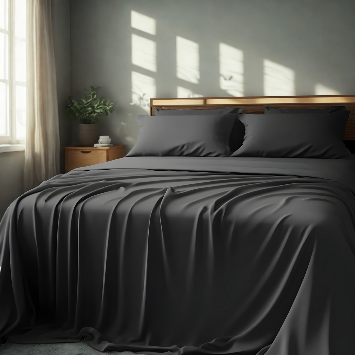 Dark grey bamboo bed sheets set on a neatly made bed in a modern, sunlit bedroom – soft, breathable, and wrinkle-resistant luxury bedding made from sustainable bamboo fabric.