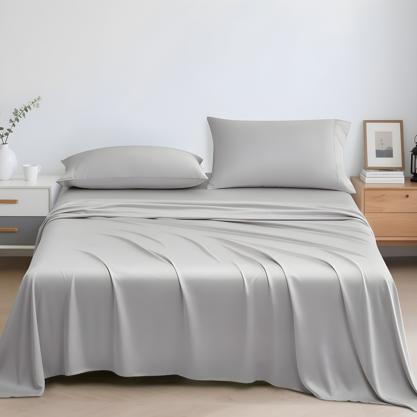 Gray bedding set on a bed in a bedroom setting