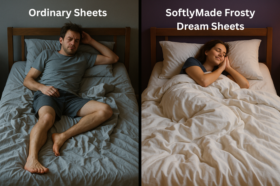 Side-by-side comparison showing person sleeping uncomfortably on wrinkled 'Ordinary Sheets' on the left versus person sleeping peacefully on smooth 'SoftlyMade Frosty Dream Sheets' on the right, demonstrating the comfort difference between regular and premium bedding.