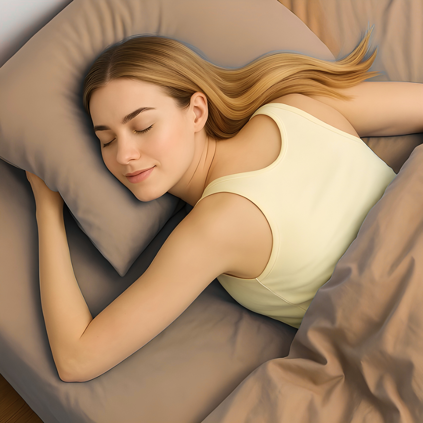 Woman sleeping peacefully on a beige pillow with soft lighting