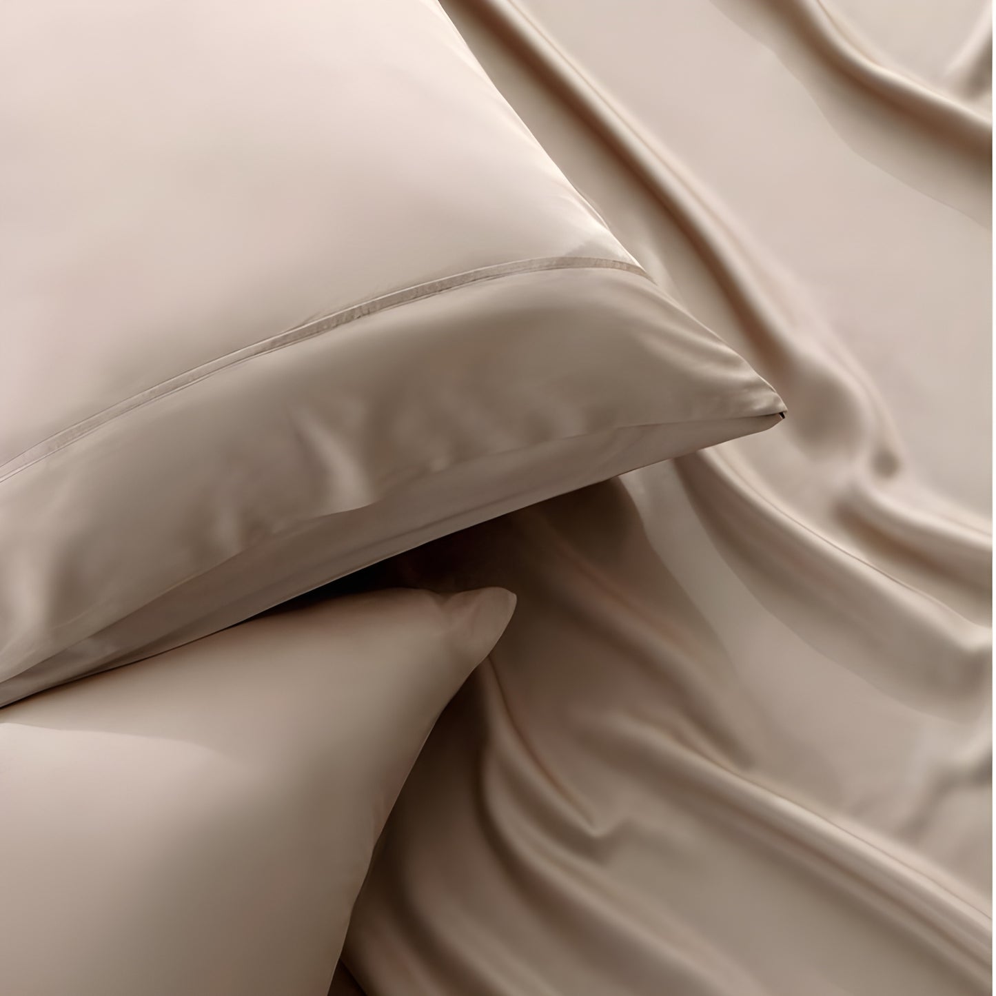 Close-up of beige pillows and bed sheets with a soft texture.